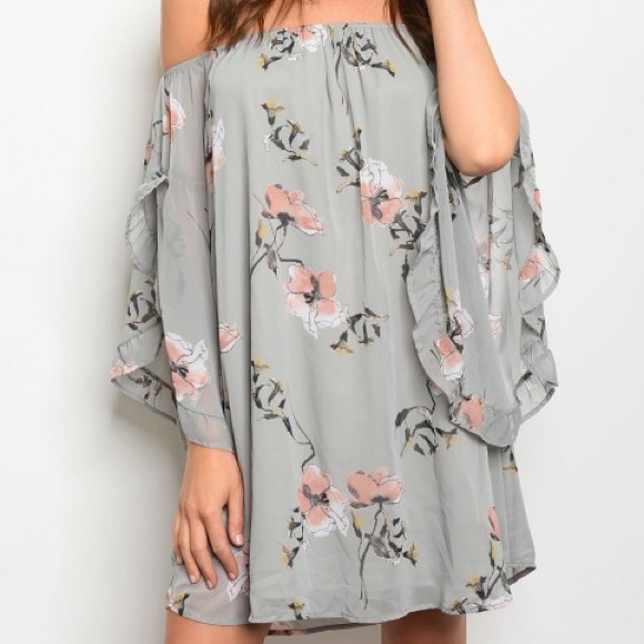 The Luxe Bohemian Dresses & Skirts - Gray Floral Print Off Shoulder Strapless Dress